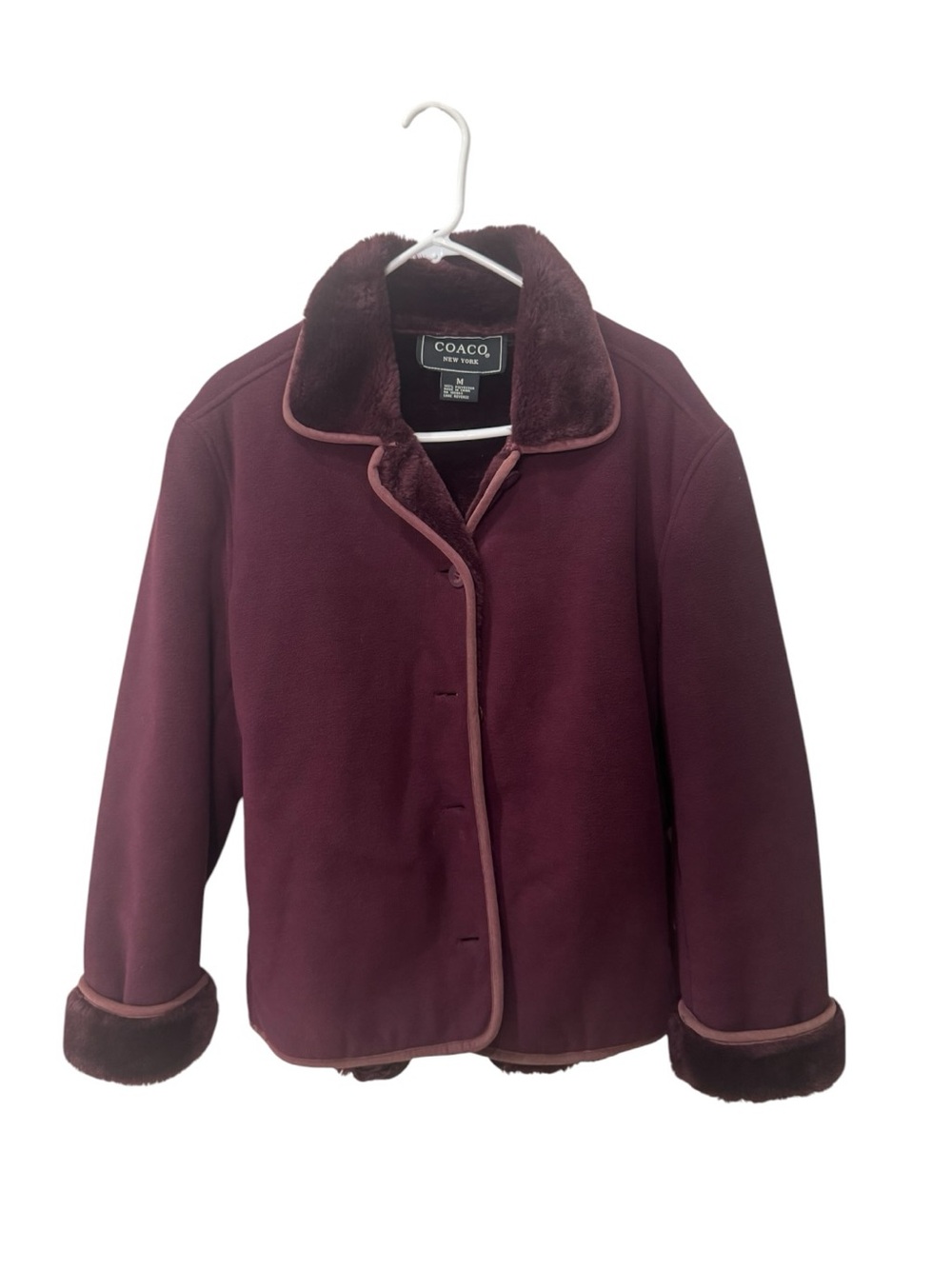 Coaco New York burgundy faux-shearling jacket featuring a fuzzy collar size M